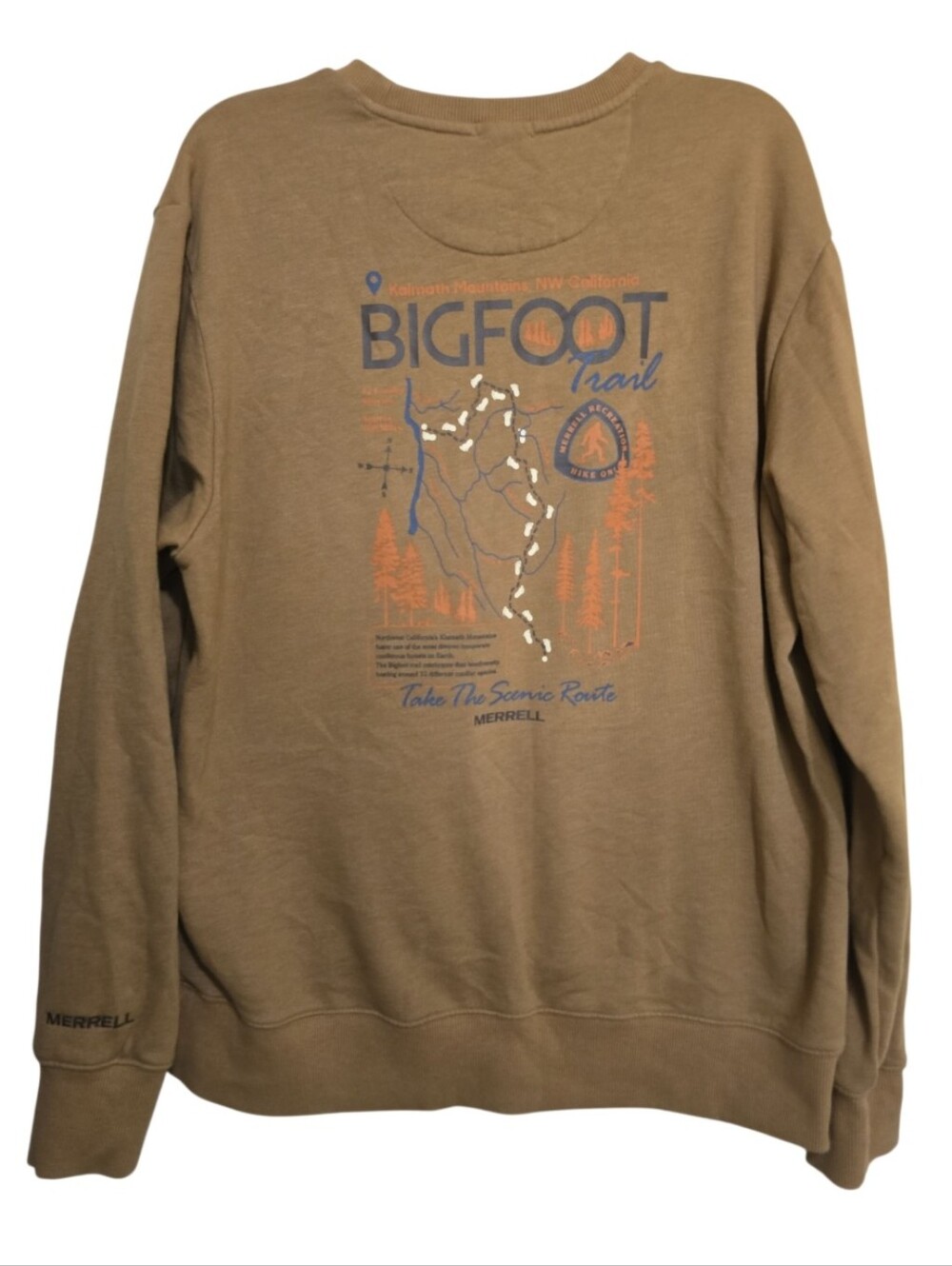 Merrell Bigfoot Trail Crewneck Sweatshirt Brown Graphic Fleece Pullover Large